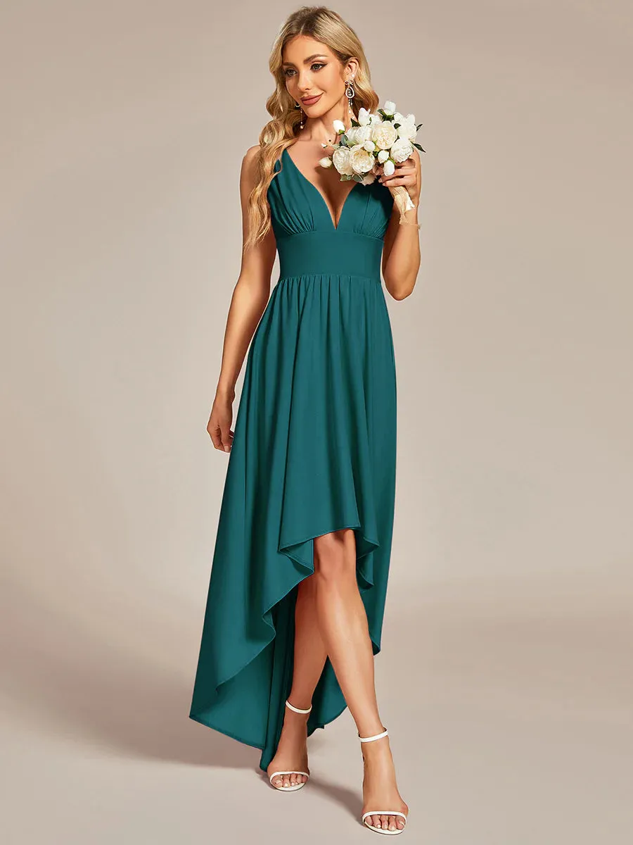 High Low Deep V Neck Sleeveless Bridesmaid Dresses