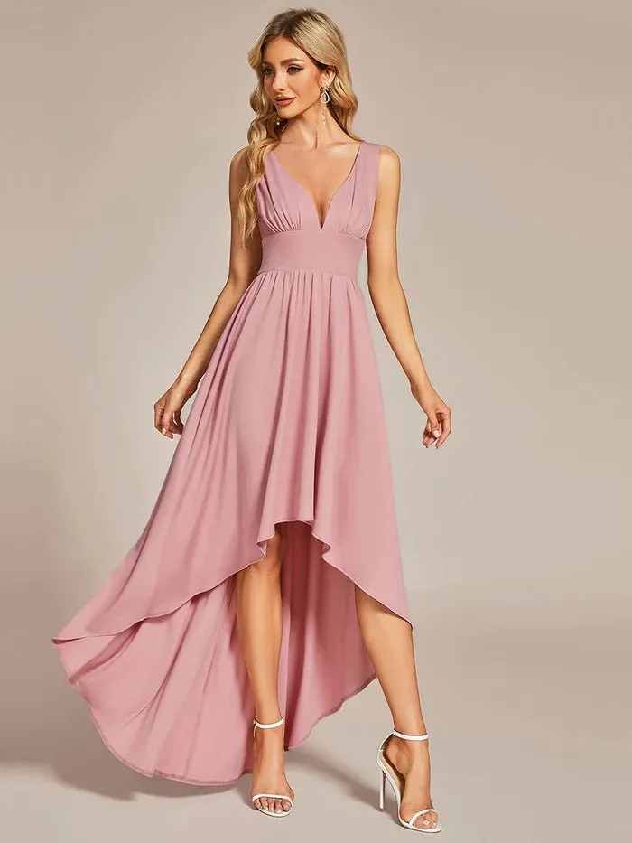 High Low Deep V Neck Sleeveless Bridesmaid Dresses