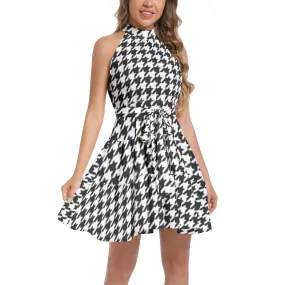 Houndstooth Ruffle Hem Belted Halter Dress