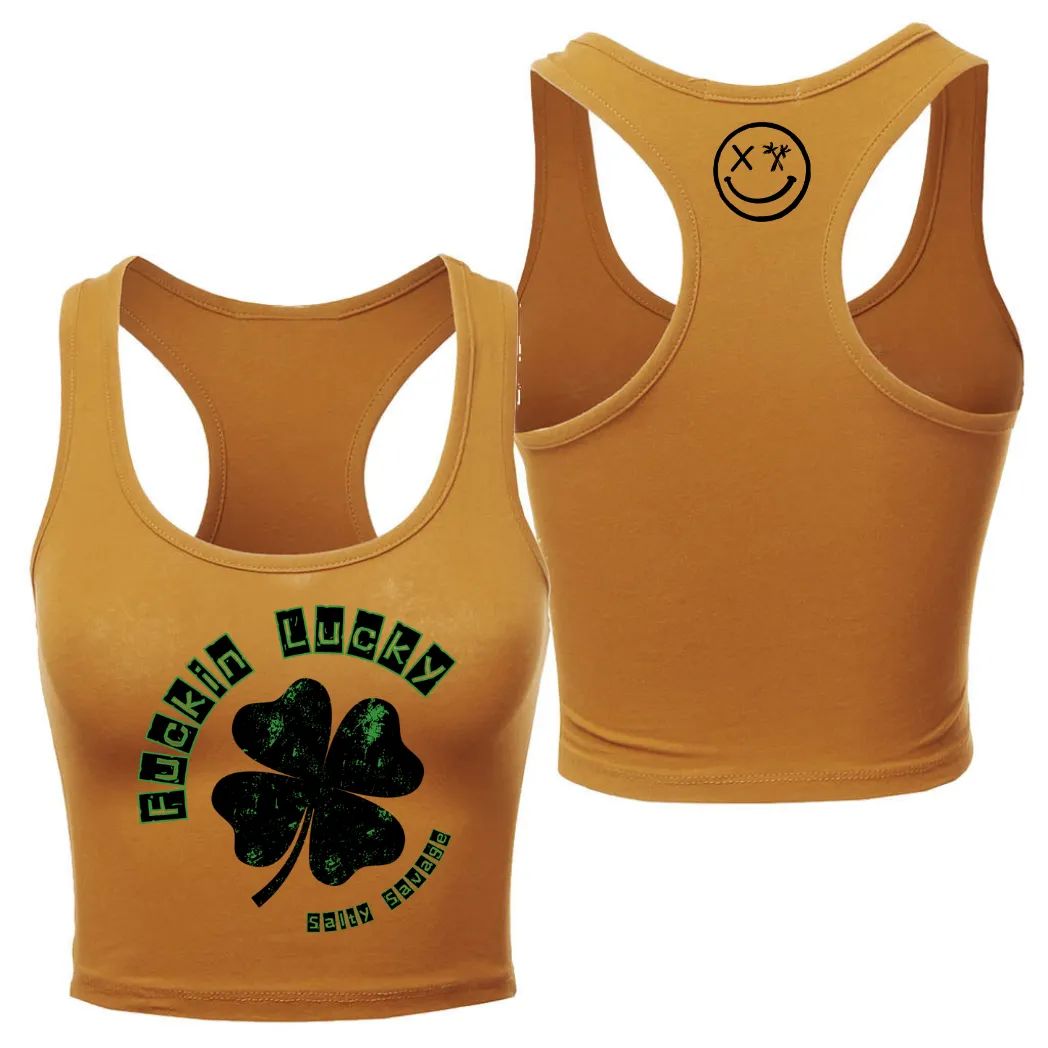 Ladies "Fuckin Lucky" Racerback Crop Tank