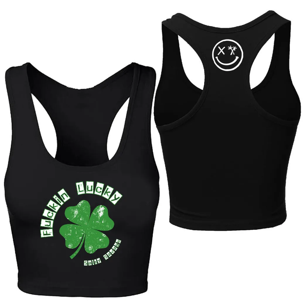 Ladies "Fuckin Lucky" Racerback Crop Tank