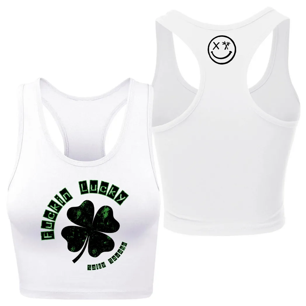 Ladies "Fuckin Lucky" Racerback Crop Tank