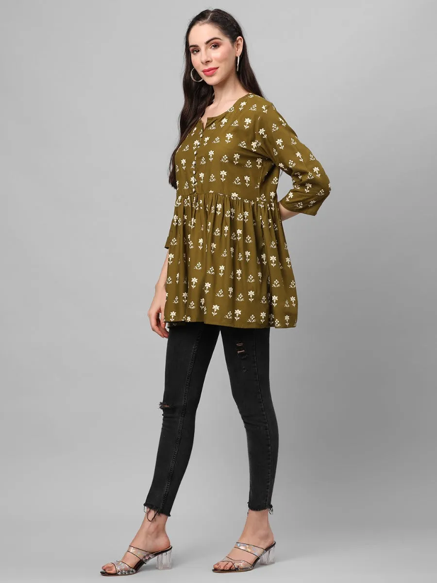 Olive Green Floral Printed Tunic