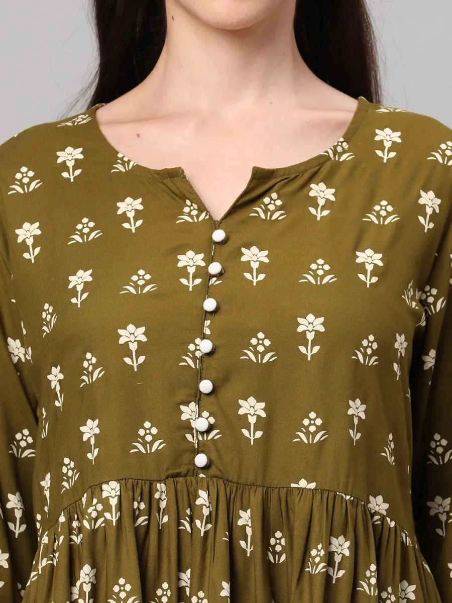 Olive Green Floral Printed Tunic