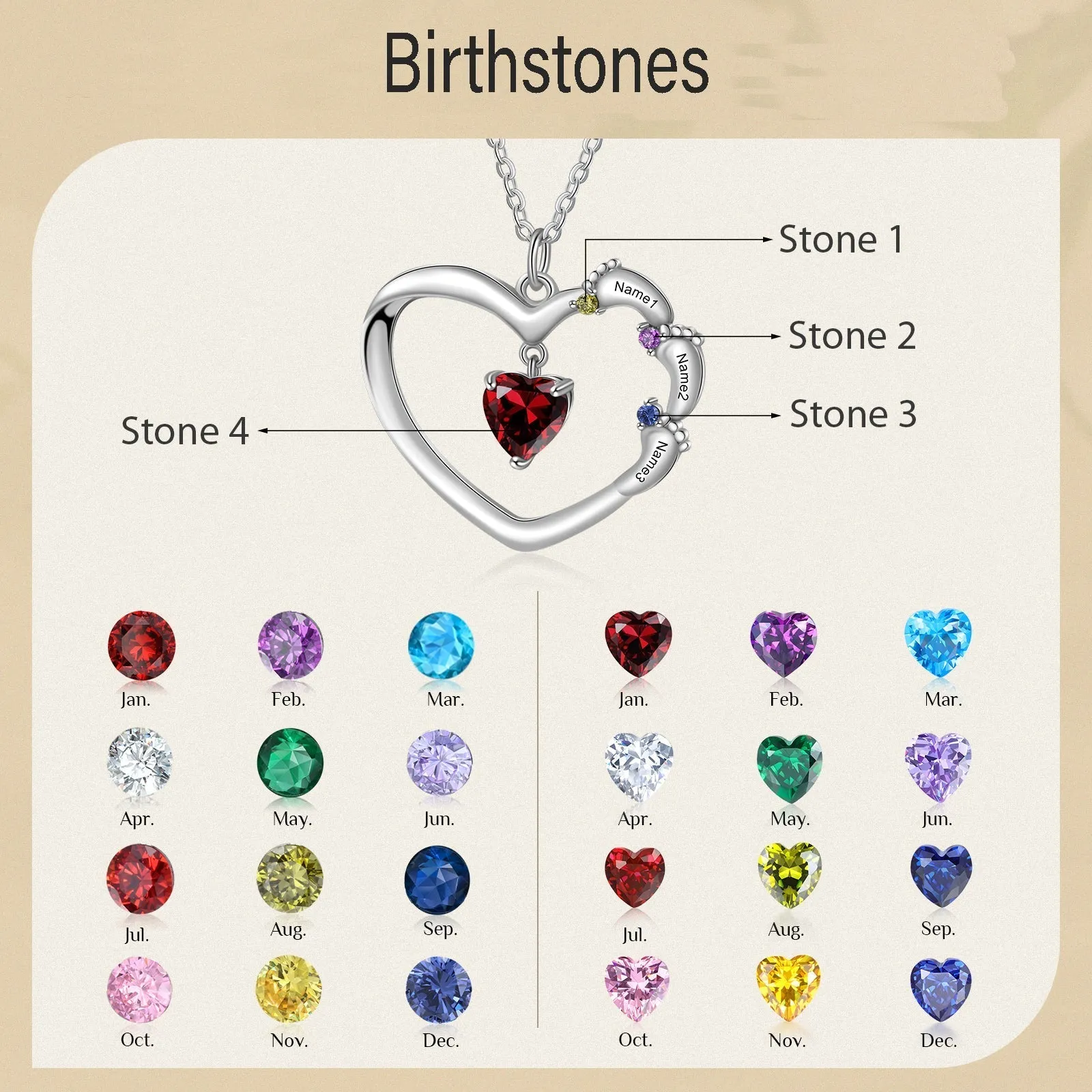 Personalized Mother's Necklace Heart and Baby Feet 4 Birthstone 3 Names Dangle Gem