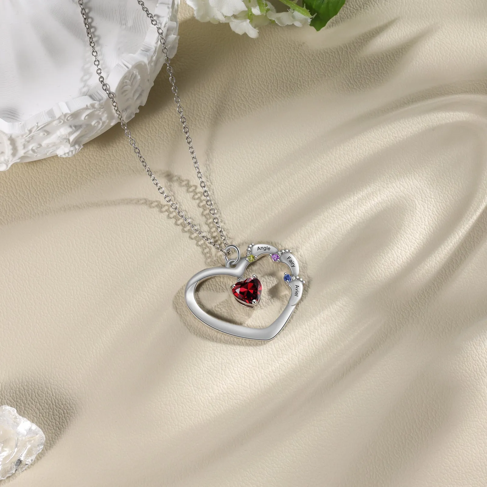 Personalized Mother's Necklace Heart and Baby Feet 4 Birthstone 3 Names Dangle Gem