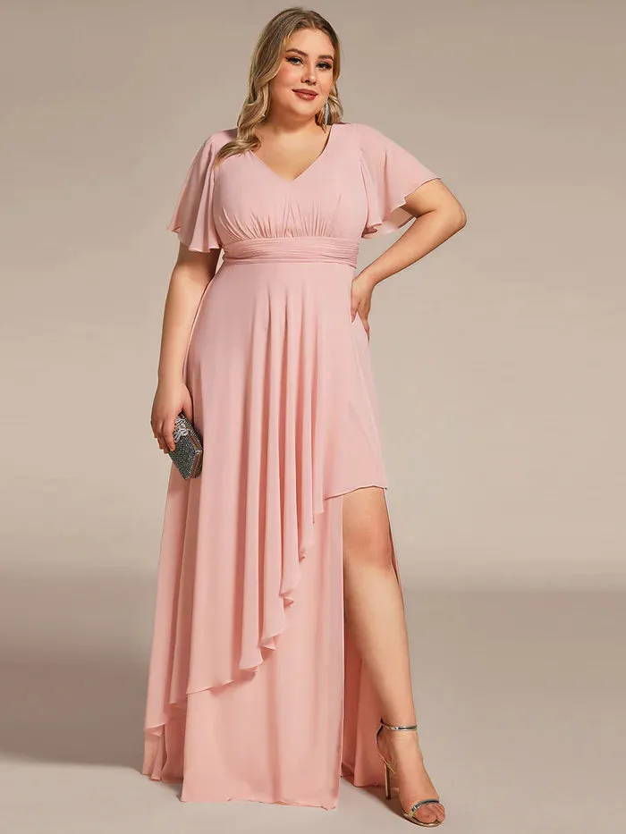 Plus Side Split V Neck Ruched Chiffon Evening Dresses