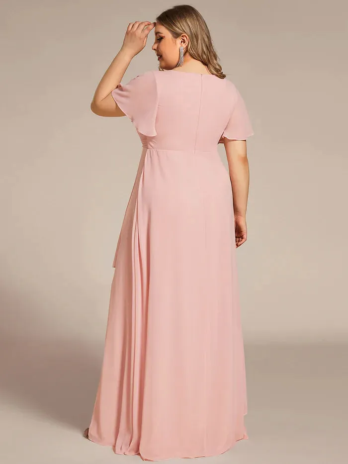 Plus Side Split V Neck Ruched Chiffon Evening Dresses