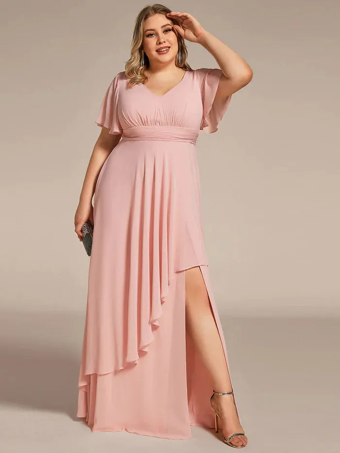 Plus Side Split V Neck Ruched Chiffon Evening Dresses