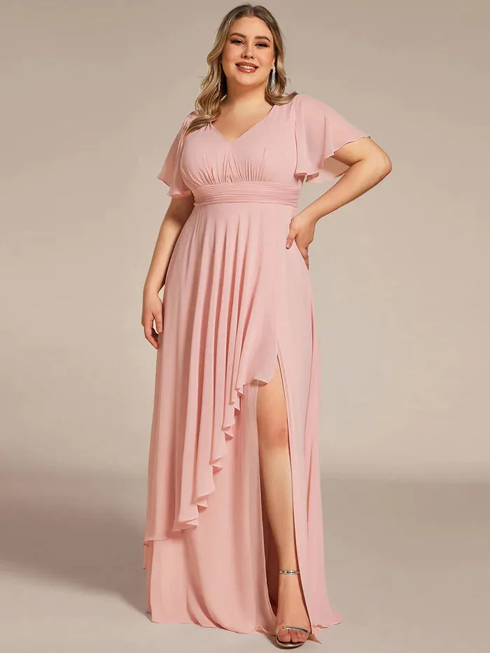 Plus Side Split V Neck Ruched Chiffon Evening Dresses