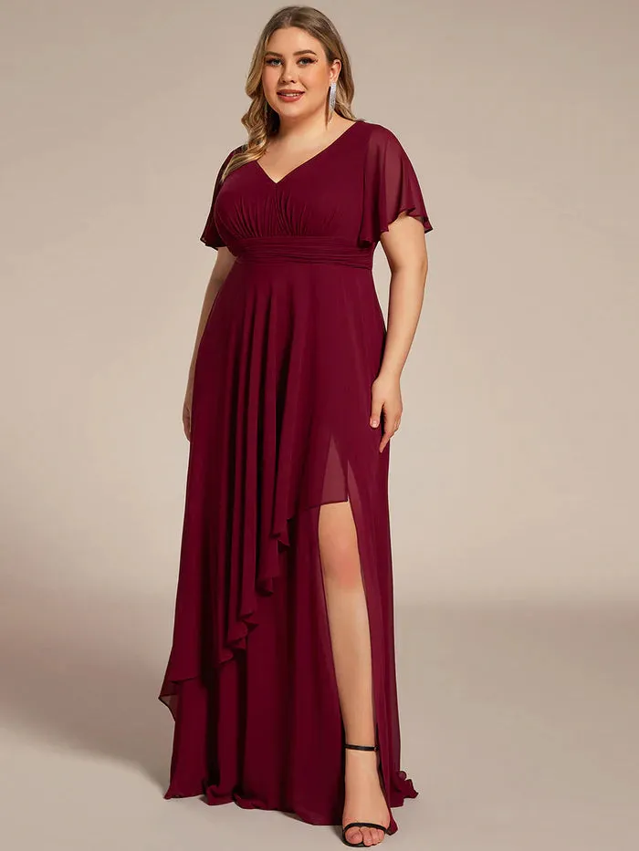 Plus Side Split V Neck Ruched Chiffon Evening Dresses