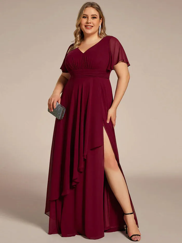 Plus Side Split V Neck Ruched Chiffon Evening Dresses