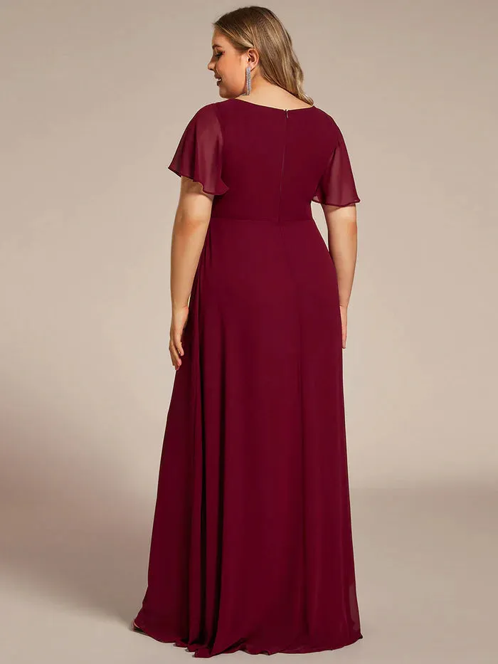 Plus Side Split V Neck Ruched Chiffon Evening Dresses