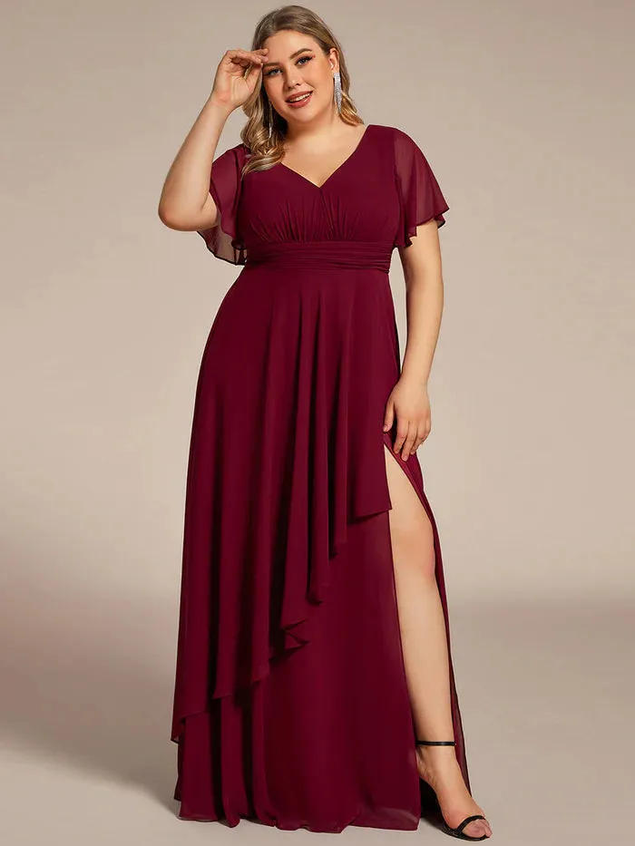 Plus Side Split V Neck Ruched Chiffon Evening Dresses