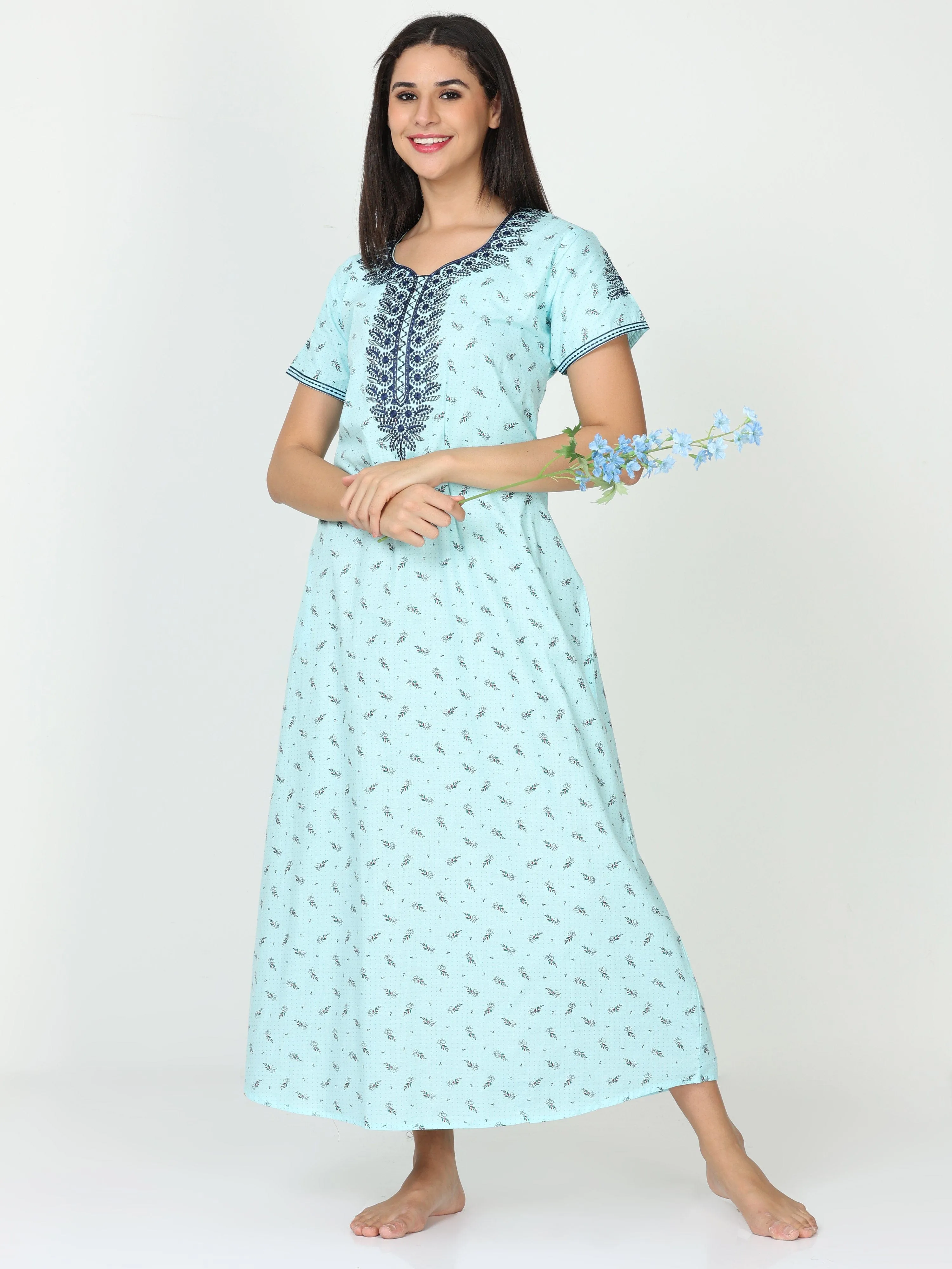 Pure Cotton Designer Sky Blue Nighty