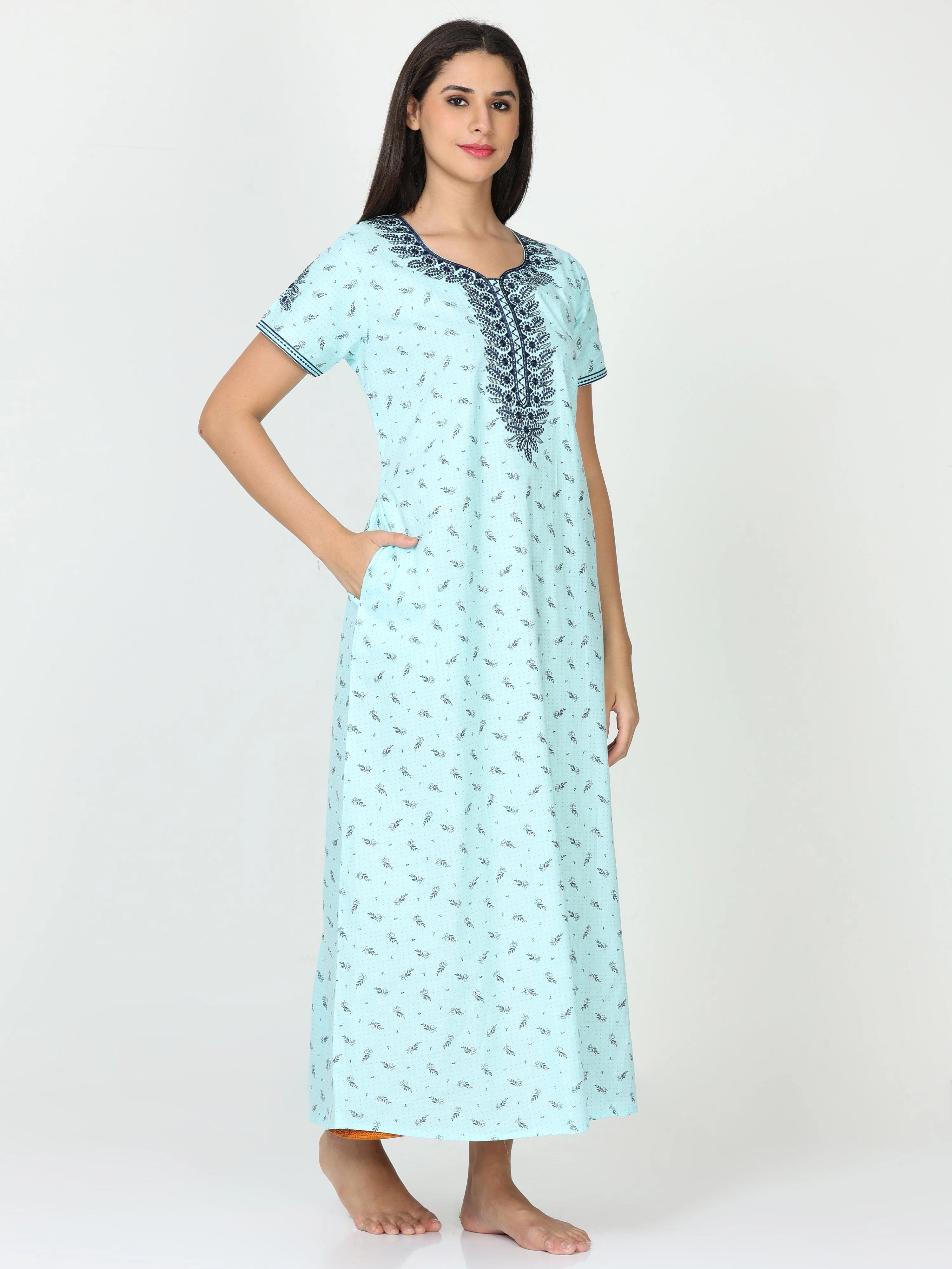 Pure Cotton Designer Sky Blue Nighty