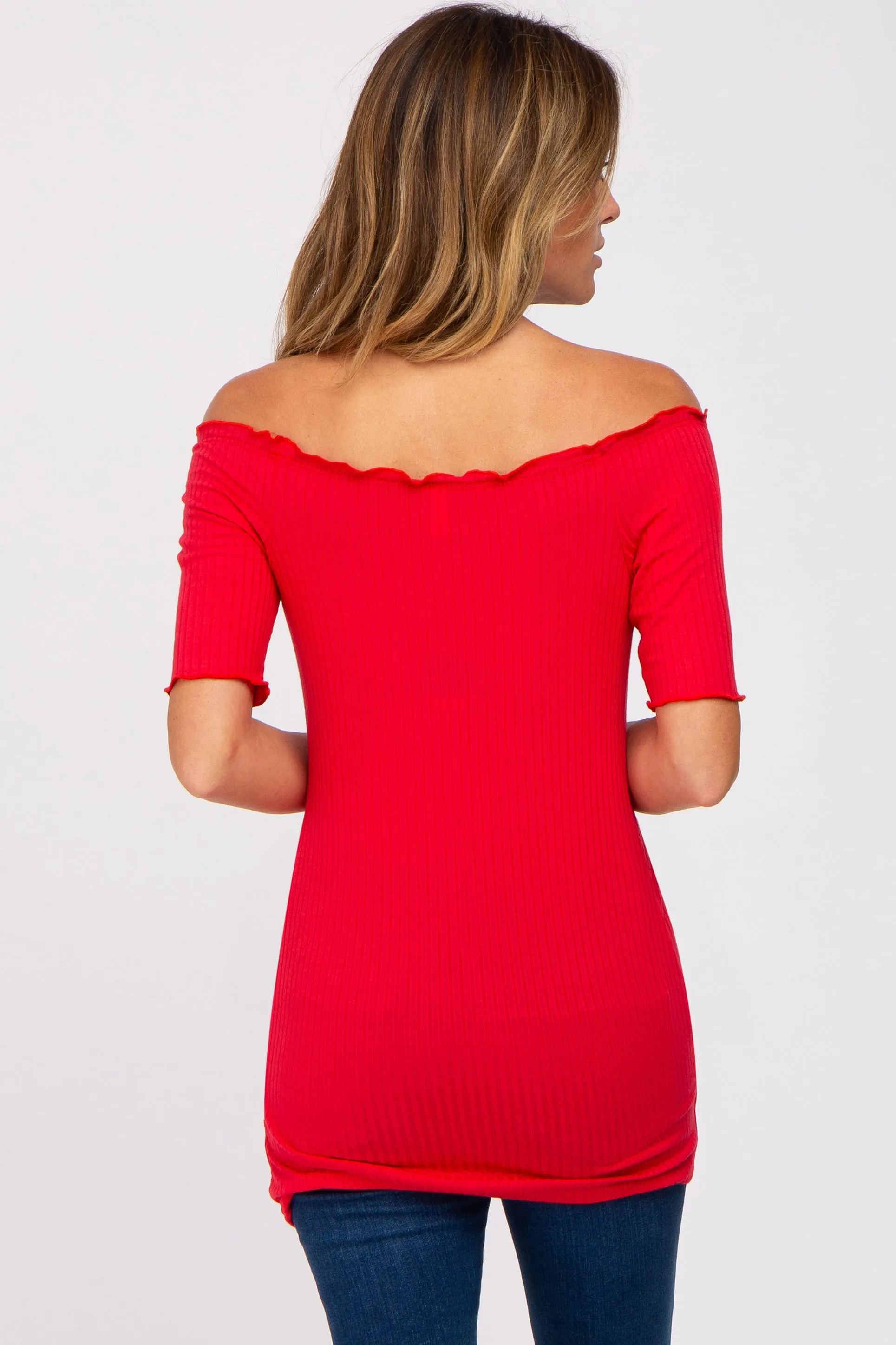 Red Off Shoulder Lettuce Hem Top