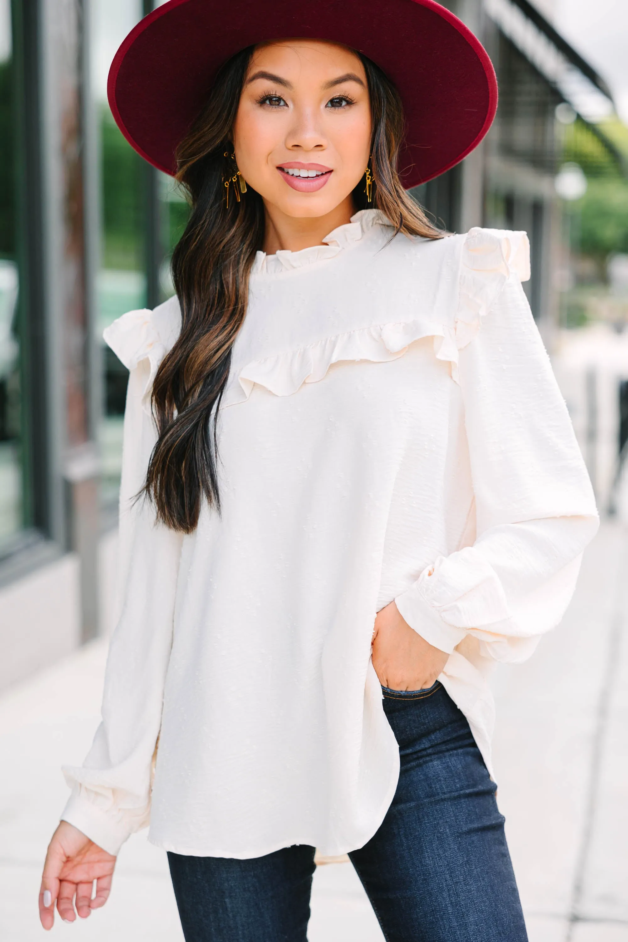 Romantic History Light Taupe Brown Ruffled Blouse