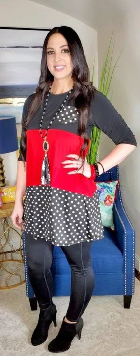 S-M-L : Black, Red, Polka Dot Color Block Flutter Tunic