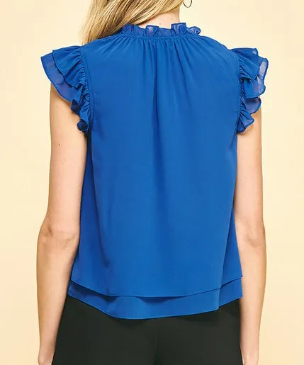 Short Sleeve Ruffle Tie Neck Top - Blue