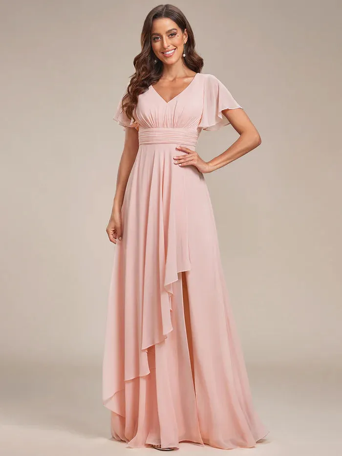 Side Split V Neck Ruched Chiffon Bridesmaid Dress