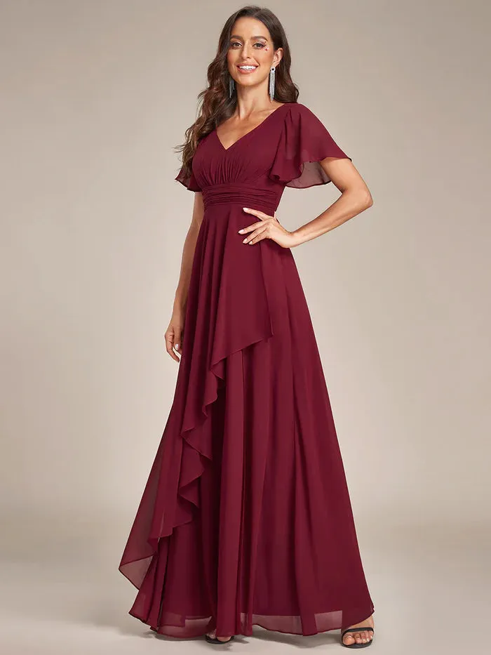 Side Split V Neck Ruched Chiffon Bridesmaid Dress