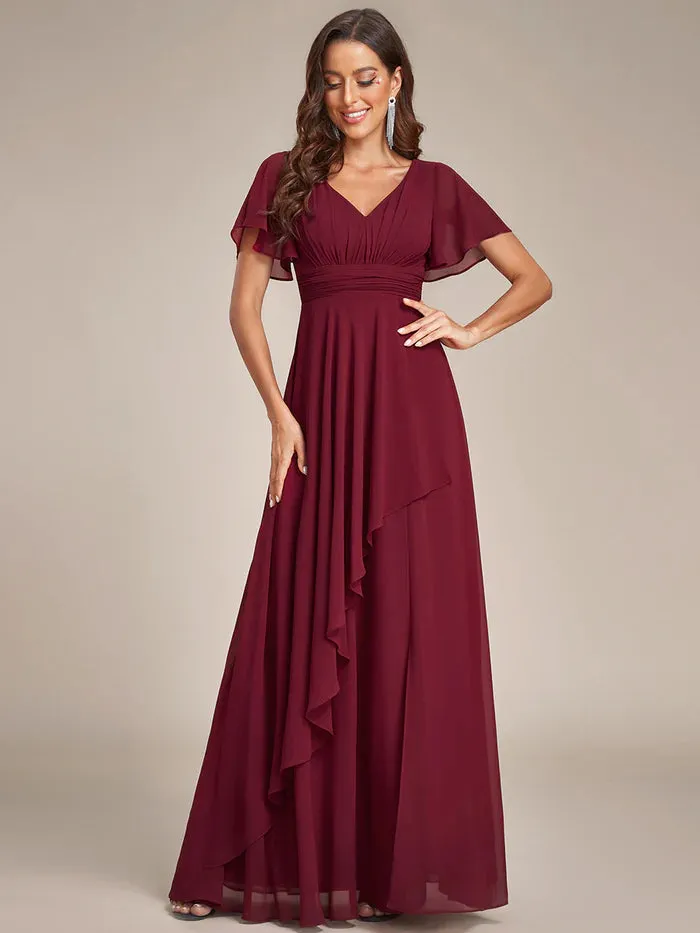 Side Split V Neck Ruched Chiffon Bridesmaid Dress