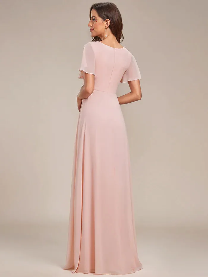 Side Split V Neck Ruched Chiffon Bridesmaid Dress