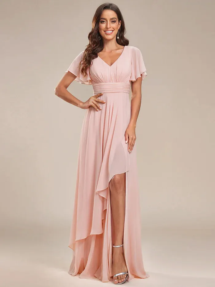 Side Split V Neck Ruched Chiffon Bridesmaid Dress