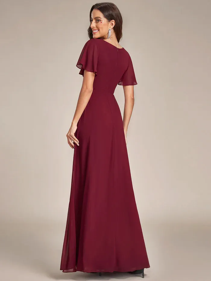 Side Split V Neck Ruched Chiffon Bridesmaid Dress