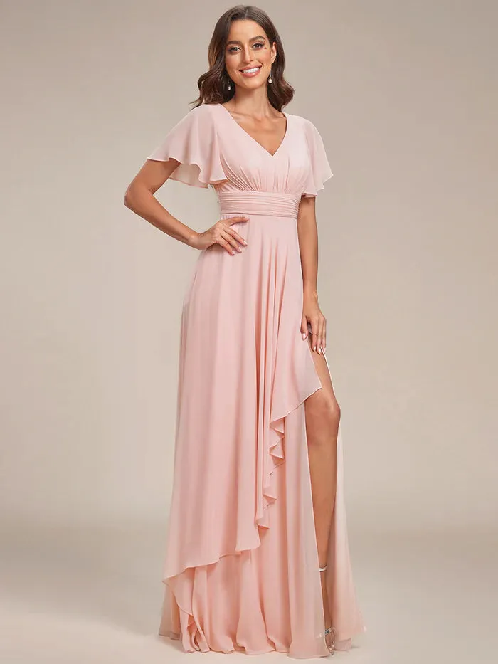 Side Split V Neck Ruched Chiffon Bridesmaid Dress