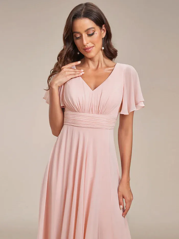 Side Split V Neck Ruched Chiffon Bridesmaid Dress