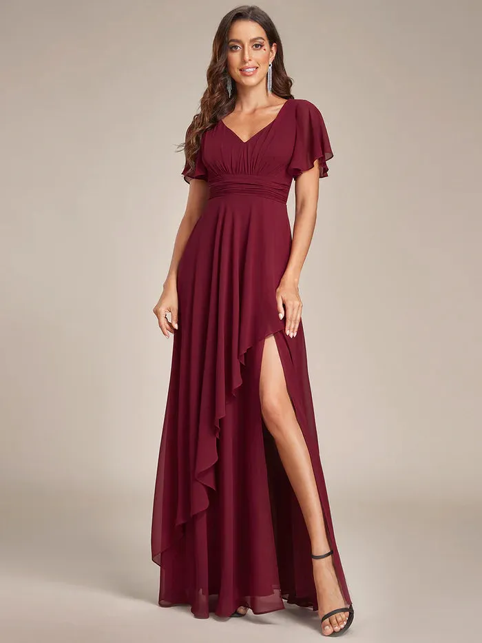 Side Split V Neck Ruched Chiffon Bridesmaid Dress