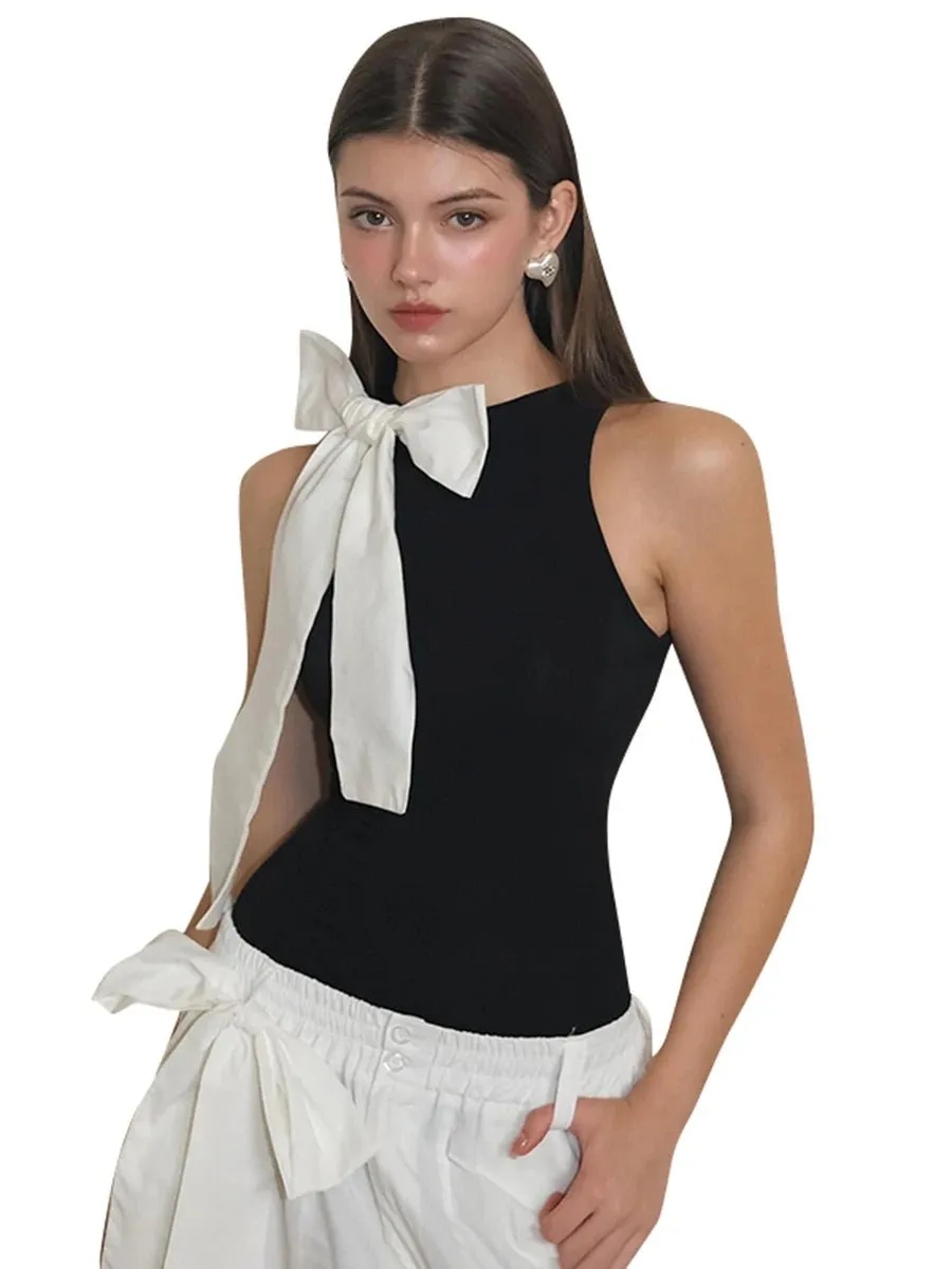 Sleeveless Bow Body Tops for Women | 2024 Summer Slim O Neck Bodysuit