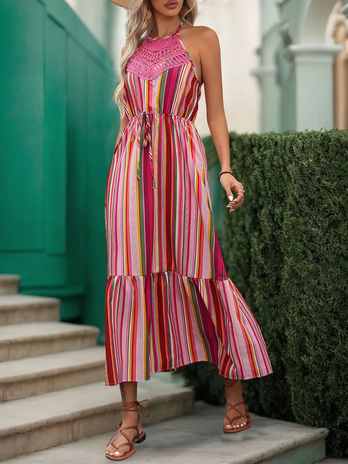 Sunset Vacation Lace Detail Striped Halter Neck Midi Dress