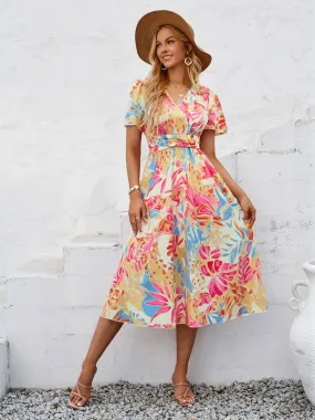 Sunset Vacation Printed V-Neck Short Sleeve Midi Dress