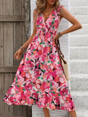 Sunset Vacation Ruffled Smocked Printed Sleeveless Dress