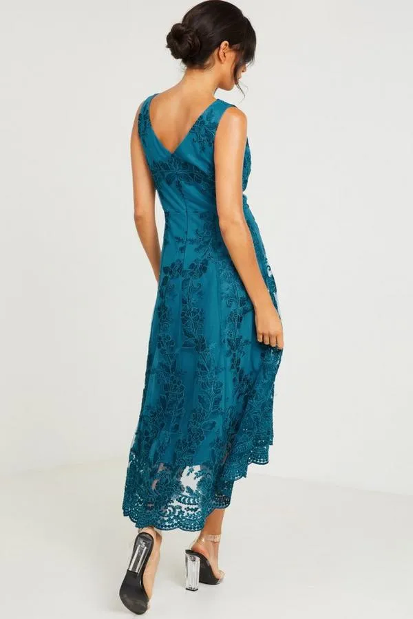 Teal Embroidered Dip Hem Dress