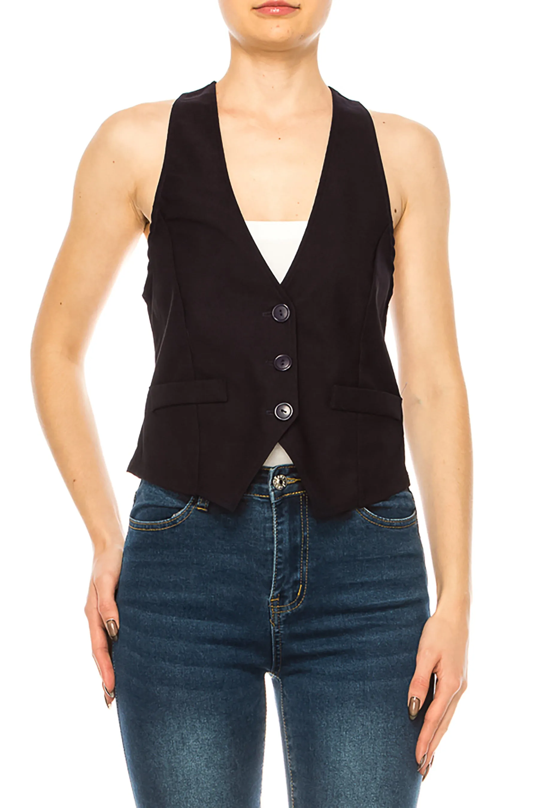 Women's Casual Solid Racerback Vest Button Down Closure